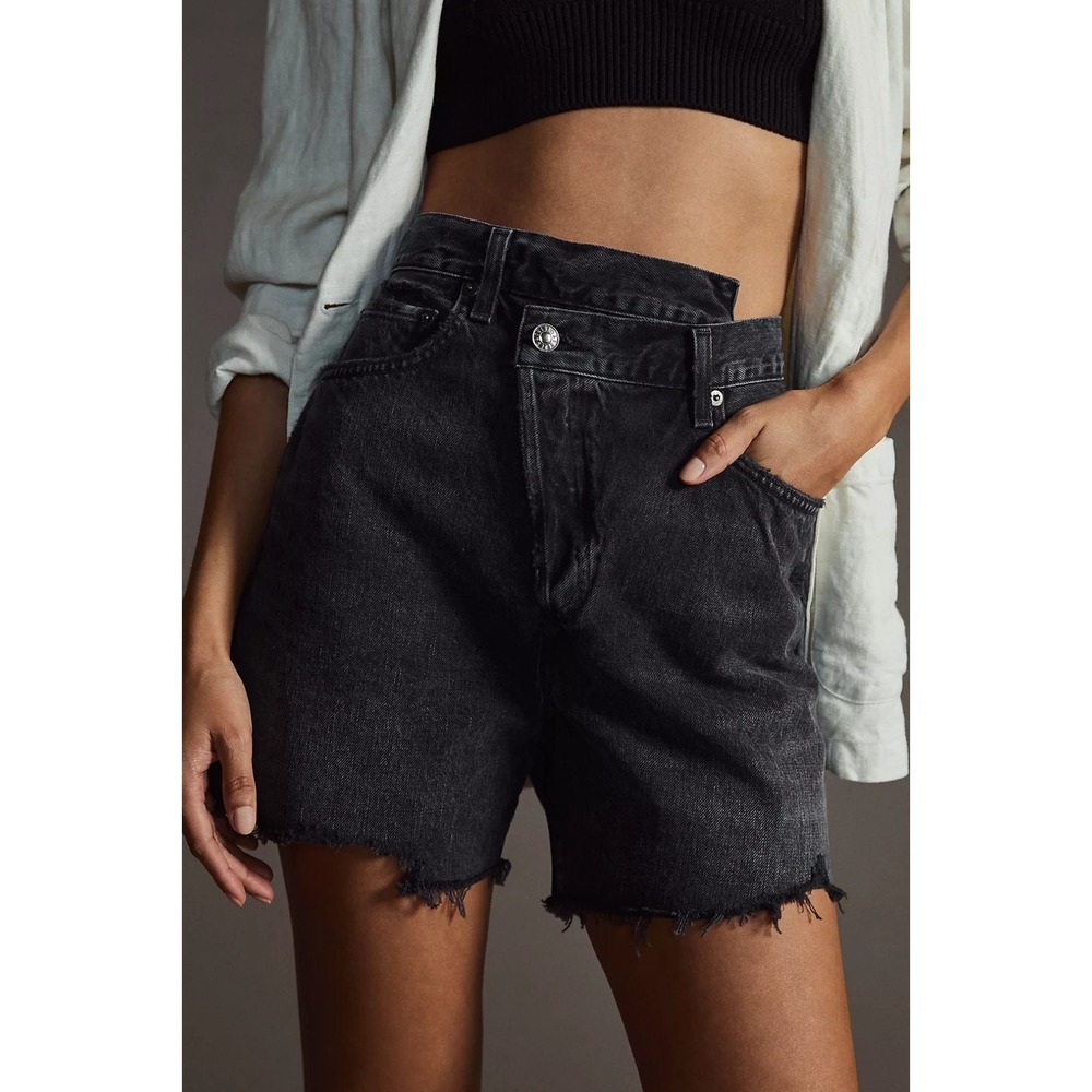 AGOLDE Criss-Cross Shorts Hitchhike Black Raw Hem Asymmetrical Sz 24 NWT Festiva